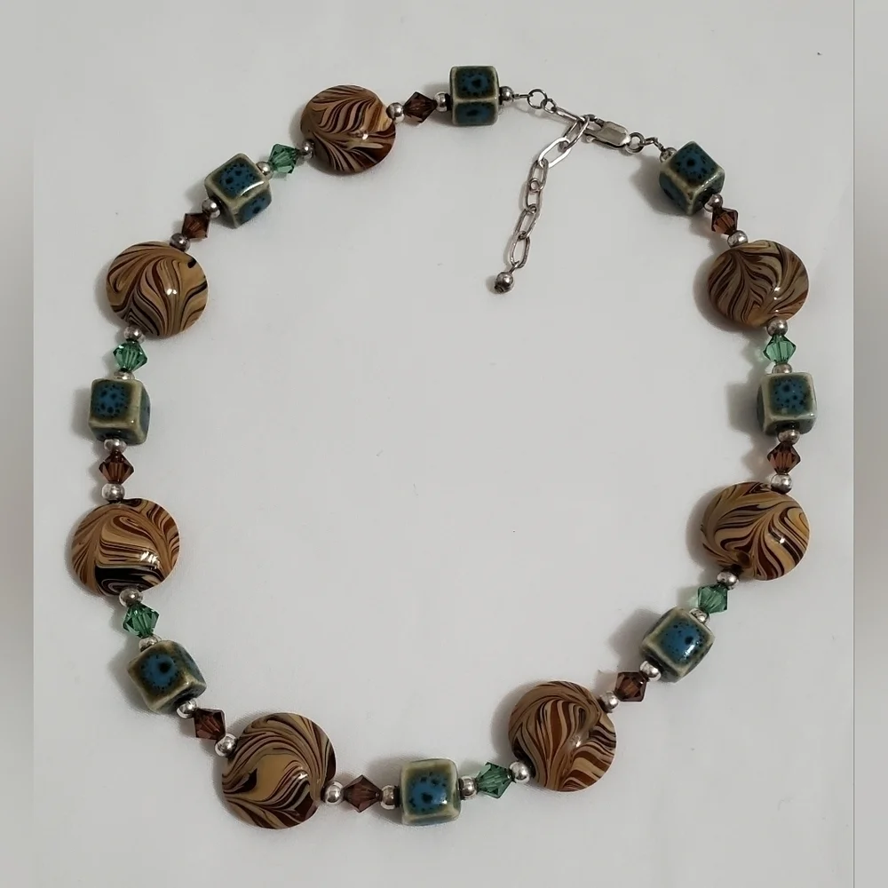 Vintage Orange Brown & Turquoise Color Art Glass & Sterling Silver Necklace